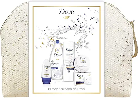Dove Neceser Brillos Mujer - Gel Hidratación Profunda 500 ml + Loción Esencial 400 ml + Tarro Crema 75 ml + Roll On Original 50 ml + Pastilla de Jabón 100 gr  