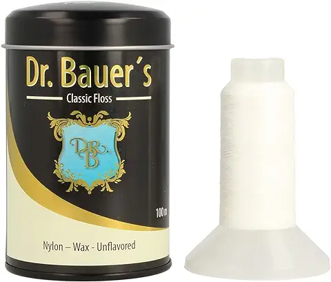 Dr. Bauers prima Hilo Dental 100m en una elegante caja de metal negro con tapa, rellenable, sin sabor - nylon - encerado