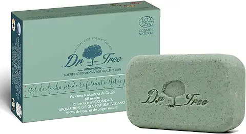 Dr. Tree Gel Sólido Ecológico Exfoliante, Piel Sensible, Refuerza el Microbioma, ECOCERT, 99.7% Ingredientes Naturales, Con Wakame, Sin Sulfatos SLE, SLS, Sin Parabenos, Sin Siliconas, 120 gr  