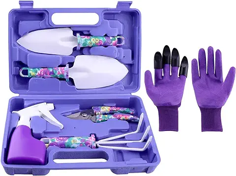 E-Bestar Juego de 6 Herramientas de Jardín, Mango Ergonómico para Trabajos de Jardinería con Estampado Floral Morado, Kit de Herramientas de Plantación al Aire Libre  