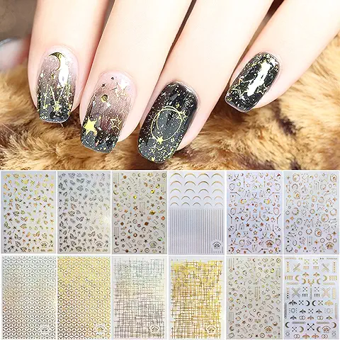 EBANKU 12 Hojas Pegatinas de Uñas de Plata Dorada, Calcomanías de Arte Del Clavo DIY Decoración de Manicura de Uñas Pegatina (Estilos Mixtos)  
