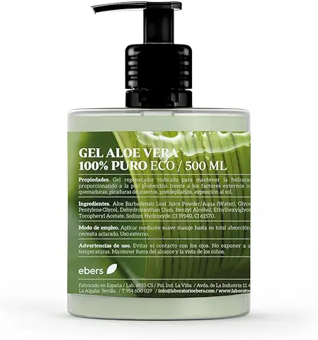 Ebers Aloe Vera Gel 100% Puro 500 Ml - Excelente Hidratante Rostro, Cuerpo, Acondicionador Cabello, Depilación y Afeitado. Con Dosificador.  