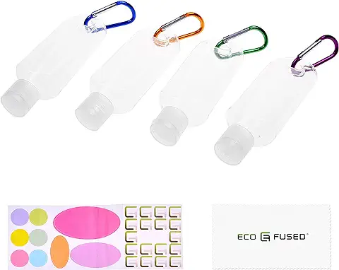 Eco-Fused 4x Botellas Portátiles de Transporte - Hasta 50 ML - Para Jabones Líquidos, Champús, Lociones, Desinfectantes y Alcohol Isopropílico - También Incluye 4x Mosquetones y 1x Hoja de Etiquetas  