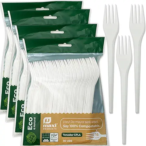 Eco Natural 200 Tenedores Reutilizables de Biodegradable, 200 Piezas (18 cm). Higiénicamente Empaquetados, Compostables, Libre de BPA, 100% Ecologicos  