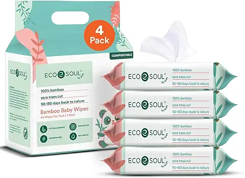 ECO SOUL Toallitas para Bebé 100% Bambú Premium | 4 Paquetes de 64 | 256 Unidades | Hipoalergénicas, Ecológicas, Biodegradables, Sostenibles, Orgánicas  