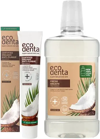 Ecodenta Certificado Orgánico de Higiene Bucal Set I Antiplaca, Pasta de Tooth Orgánica 75 ml y Enjuague Bucal de coco sin Alcohol para Combatir el mal Aliento, 500 ml  