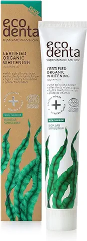 Ecodenta Pasta de Dientes con Fluoruro Blanqueador Orgánico Pasta de Dientes con Spirulina 75ml Elimina la Placa Contra la Cavitación y la Formación de Sarro  