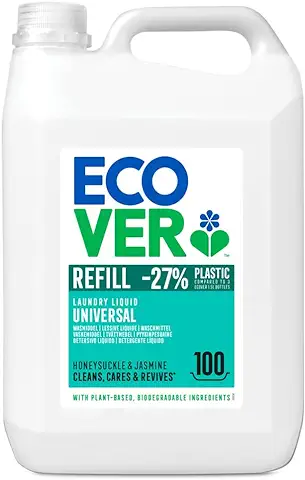 Ecover Detergente Líquido Lavadora Ecológico para ropa Blanca y de Color, Fragancia Honeysuckle/Jasmine, Formato Rellenable 5L, 100 Lavados  