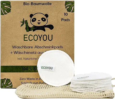EcoYou - Discos Desmaquillantes de Algodón Orgánico Lavables - Discos Limpiantes en Algodón Reutilizables, 10 PIEZAS, Cuidado Facial Sostenible Mujeres, Con Bolsa de Algodón, Color: Blanco  