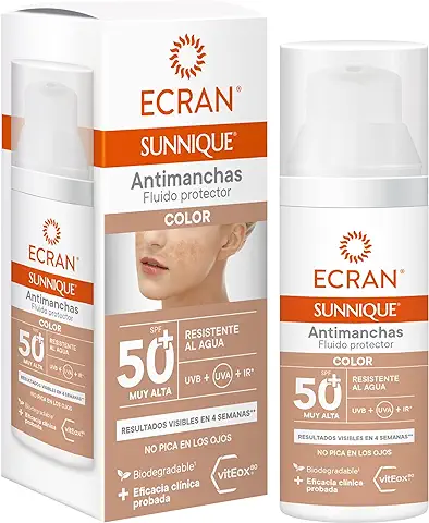 Ecran Sunnique - Fluido Protector Solar SPF 50, con Color, Antimanchas, Protege de Quemaduras, Corrige Imperfecciones, Unifica el Tono de la Piel, Fórmula con VitEox 80 - 50 ml  