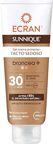 Ecran Sunnique - Gel Crema Protector Solar Broncea+ FPS 30, Protección Media UVB y UVA, Activa el Bronceado Natural, Sin Autobronceador, con Tecnología PureBronze, Resistente al Agua  