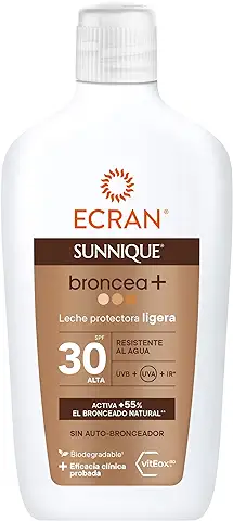 Ecran Sunnique - Leche Protectora Solar Broncea+ FPS 30, Protección Media UVB y UVA, Activa el Bronceado Natural, Sin Autobronceador, con Tecnología PureBronze, Resistente al Agua - 370 ml  
