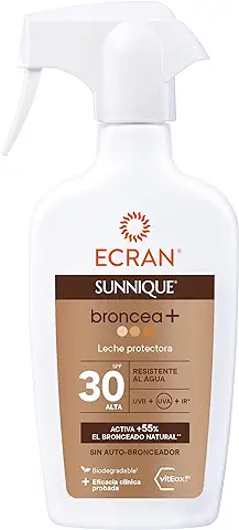 Ecran Sunnique - Leche Protectora Solar Broncea+ SPF 30 en Spray, Protección UVB y UVA, Activa el Bronceado Natural, Sin Autobronceador, con Tecnología PureBronze, Resistente al Agua - 270 ml  