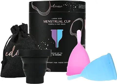 Edicare, Copa Menstrual, Incluye dos Copas, 1 Esterilizador y una Bolsa de Transporte, Silicona de Grado Médico, Suave, Reutilizable y Lavable 100% Seguro (L - Special Edition)