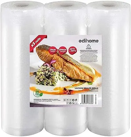 Edihome, Bolsas Vacio Alimentos, 20x300cm, 3 Rollos, Bolsas para Envasar al Vacio Alimentos, Conservación, Envasadora al Vacio, BPA Free, Sous, Vide (3 Rollos 20cmx3m)  