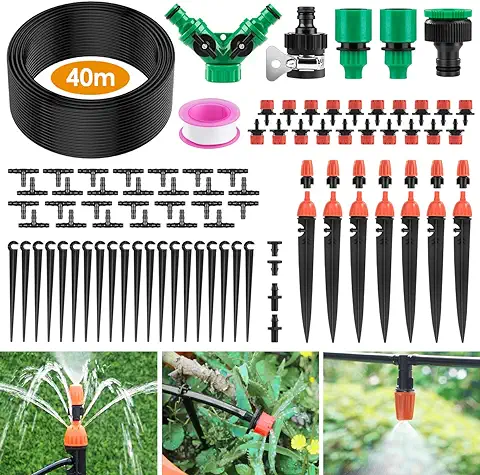 Ehomfy Sistema de Riego Jardín 40m, Kit de Riego Automático por Goteo Jardin, Kit Nebulizador Terraza para Exteriores, Terrazas, Césped, y Balcones