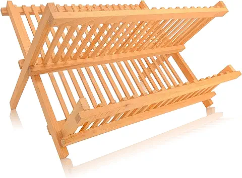 EKFJAELL Escurreplatos Plegable de Madera - 100% Madera, Accesorios de Cocina Ecológicos y Sostenibles - Impermeable, Escurreplatos Madera  