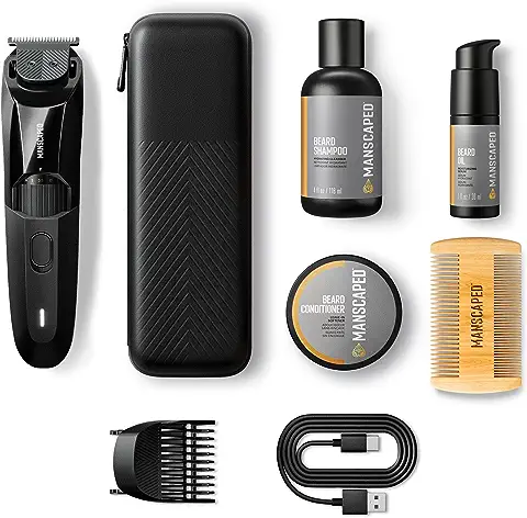 El kit Avanzado MANSCAPED™ The Beard Hedger™ Incluye Nuestro Recortador de Precisión para Barba y Bigote, Champú Hidratante, Acondicionador Suavizante, Aceite Hidratante y Peine para el Vello Facial  