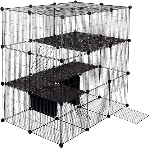 ELIGHTRY Parque para Mascotas Jaula Perros Conejos Valla para Animales Pequeños Cobaya Hámster Gatito Cachorros de Malla Metálica Ajustable con Puerta&Escalera Negro 109 x 74 x 109 cm  