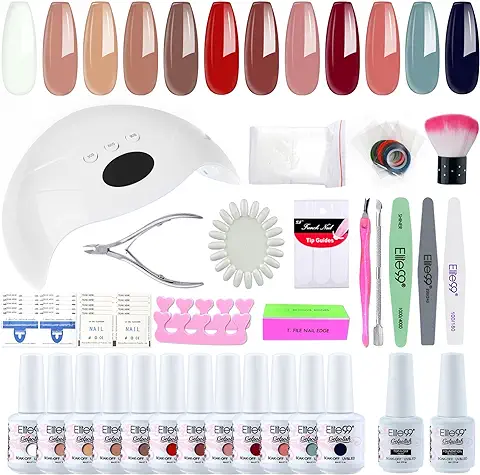 Elite99 Kit Uñas Semipermanentes, 48W Lampara Uñas Semipermanentes, 12 Colores Kit Esmaltes de Uñas Gel Completo Lámpara UV Esmaltes Permanentes Manucira de Uñas con Base y Top Coat - SET02  