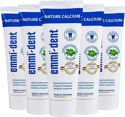 Emmi-dent Pasta Dentífrica Ultrasónica "Nature Calcium" I Con Calcio Extra I Ideal para Dientes y Encías Sensibles I Sin Flúor, Microplásticos ni Nanomateriales I Vegana y sin Gluten I 5x 75 ml  