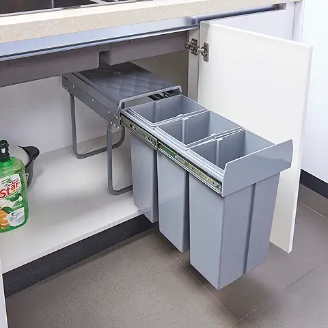 [en.casa] Cubo de Basura Empotrable Grande Capacidad 3 x 10 L Papelera con 3 Compartimentos Bajo Fregadero Cómodo Plástico y Acero 48 x 26 x 42 cm - Gris  