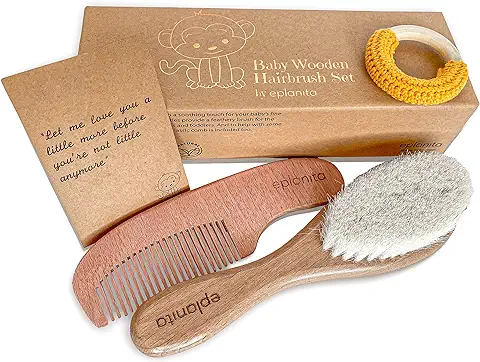 Eplanita Cepillo De Pelo De Bebé y Peine Juego para Bebés para Recién Nacidos y Niños Pequeños, Cerdas Naturales de Cabra, para Costra Láctea y Masajes, Anillo de Dentición, Ideal para Baby Shower  