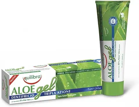 Equilibra Cuidado Bucal, Gel Dentífrico de Triple Acción de Aloe Vera, Acción Calmante y Antiséptica, Protege Contra las Caries, el Sarro y las Enfermedades de las Encías, 75 ml  