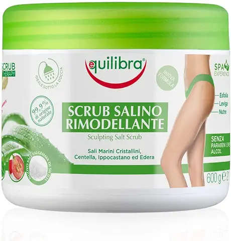 Equilibra Cuidado Corporal, Exfoliante Corporal a Base de Aloe Vera, Suaviza y Nutre la Piel, Mezcla de Sales Marinas con Efecto Antiretención de Agua, Aceites Naturales y Extractos Vegetales, 600 g  