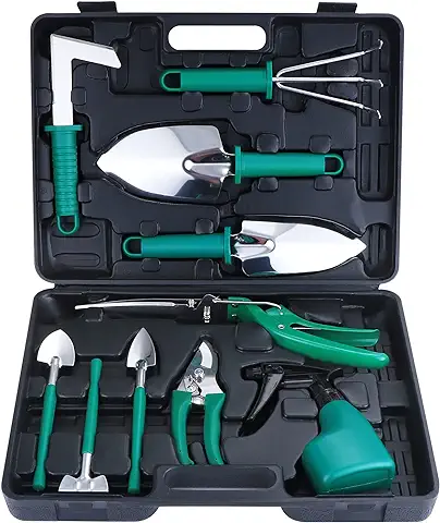 EROOSY 10 Piezas de Juego de Herramientas de Jardinería, 10 Piezas de Herramientas de Mano de Jardinería de Acero Inoxidable con Maleta, Regalos de Jardinería para Entusiastas de la Jardinería  