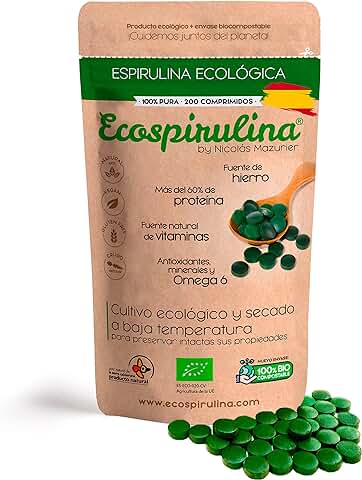 Espirulina Ecológica en Comprimidos Cultivada y Certificada en España - Fuente Natural de Proteína Vegana, Hierro Suplemento, B12 Vitamina y Biotina (B7) - DETOX  