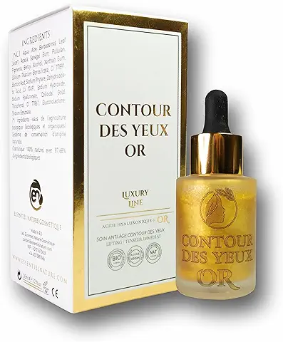 Essentiel Nature - Contorno Ojos Antiarrugas, Dorado - Efecto Tensor, Bolsas y Ojeras - Ácido Hialurónico, Oro Coloidal, Aloe Vera BIO, Pullulan y Vitamina E - Envase de 30 ml.  