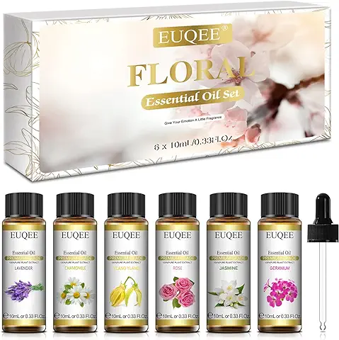 EUQEE Aceites Esenciales para Humidificador 6x10ml, Aceites Esenciales Naturales Florales - Lavanda, Rosa, Ylang Ylang, Jazmín, Geranio, Manzanilla  