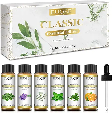EUQEE Aceites Esenciales para Humidificador 6x10ml, Aceites Esenciales Naturales Puro - Lavanda, Eucalipto, Menta, Arbol de te, Naranja Dulce, Hierba de Limón  