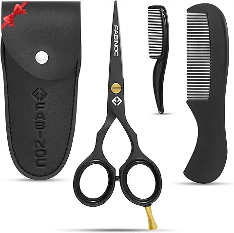 FABINOC Tijeras de Barba y Bigote de 4.5 Pulgadas con Peine y Bolsa – Tijeras de pelo Pequeñas para Cejas, Orejas y Nariz – Kit de aseo de Bigotes de Acero Inoxidable (negro)  