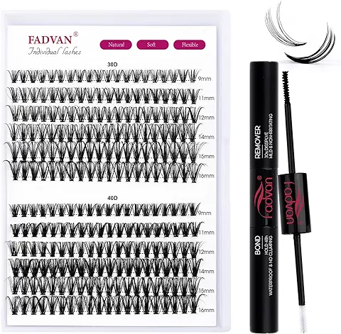FADVAN Kit Extensión de Pestañas en Racimo 30D+40D 0.07D DIY Pestañas Cluster Volumen, Pegamento y Removedor de Pestañas, Combinado de Pegamento Extension Pestañas Individual 9-16mm  
