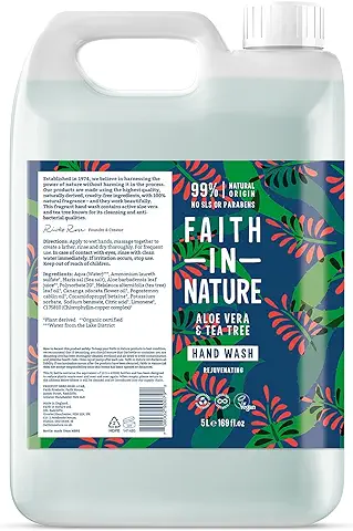 Faith In Nature Jabón Líquido de Manos Natural de Aloe Vera y Árbol del Té, Rejuvenecedor, Vegano y No Testado en Animales, sin Parabenos ni SLS, Recarga de 5L 5000 ml  