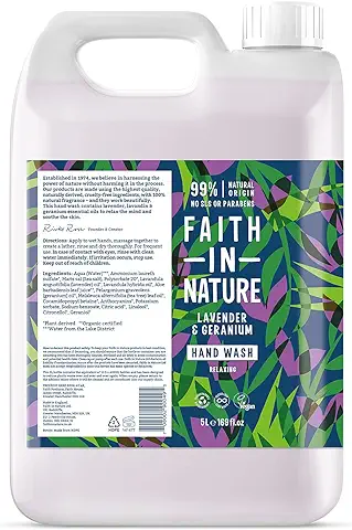 Faith in Nature Jabón Líquido de Manos Natural de Lavanda y Geranio, Nutritivo, Vegano y No Testado en Animales, sin Parabenos ni SLS, Recarga de 5 l  