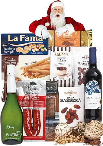 Familycom.Cesta Navidad Gourmet para Regalar. Surtido con Chocolates Originales de Regalo. Lote de Turrón, Mantecados, Polvorones, Embutidos, Selección de Vinos y Champagne, Dátiles y Barquillos.  