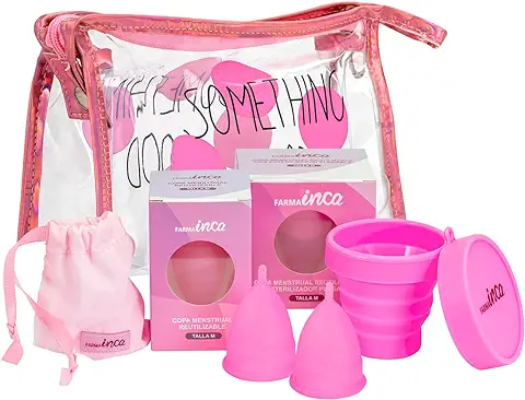 FARMA INCA Pack 2 Copa Menstrual con Esterilizador Talla M - Fabricada con Silicona de Uso Médico, Hipoalergénica, 100% Segura - Fácil Uso - Hasta 12 Horas de Protección - Incluye Funda y Neceser  