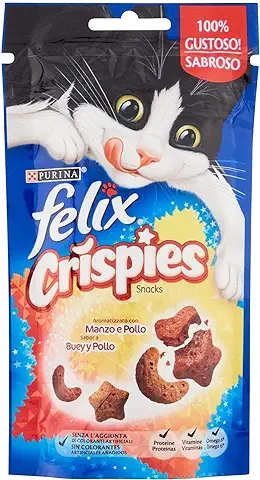 Felix Purina Crispies, Snack, Premio para Gato con Buey y Pollo, Bolsa de 45g  