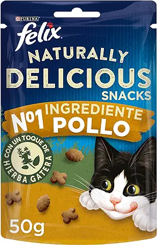 Felix Purina Naturally Delicious, Snacks, Premio para Gato con Pollo, 8 Bolsas de 50g  
