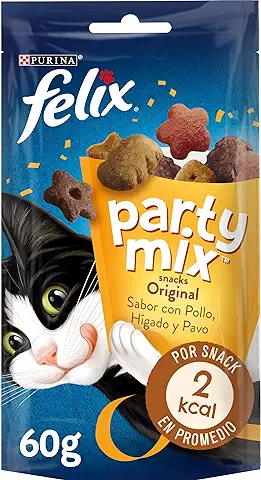 Felix Purina Party Mix Original, Snack, Premio para Gato con Pollo, Higado y Pavo, 8 Bolsas de 60g  