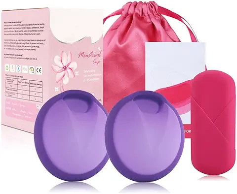 FENGQ 2Pcs Copas Menstruales, Silicona Menstrual, Discos Menstruales Reutilizables, Disco Menstrual para Mujeres Activas, Deportes, Natación e Yoga (Púrpura, S+L)  