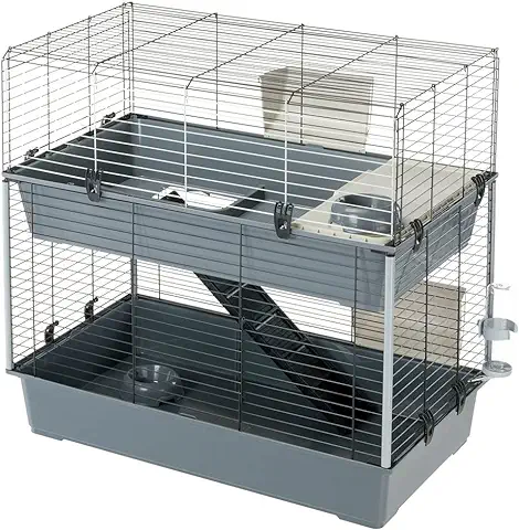 Ferplast Jaula de dos Pisos para Conejos RABBIT 100 DOUBLE, Casita para Pequeños Animales, Conejera con Accesorios Incluidos, de Alambre Pintado Negro y Plástico, 95 x 57 x h 93,5 cm  