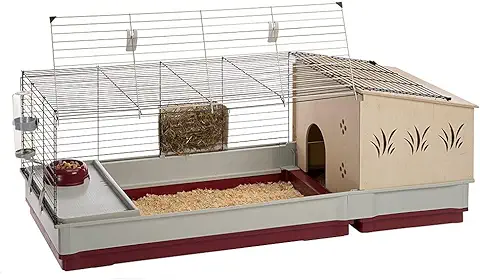 Ferplast Jaula para Conejos y Conejillos de Indias KROLIK 140 PLUS, para Pequeños Animales, Conejera, Casita de Madera Separable, Accesorios Incluidos, 142 x 60 x h 50 cm Burdeos  