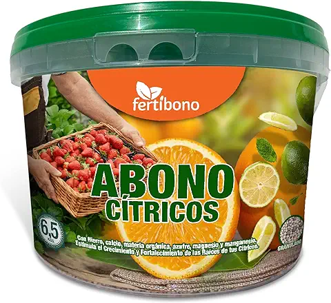 FERTIBONO Abono Citricos Premium para Limonero y Naranjos, 20-5-10 con Hierro, Calcio, Mat. Orgánica, Azufre, Magnesio y Manganeso - Evita Amarillo en Hojas, Fortalece Raíces y Mejora Frutos (6,5Kg)  