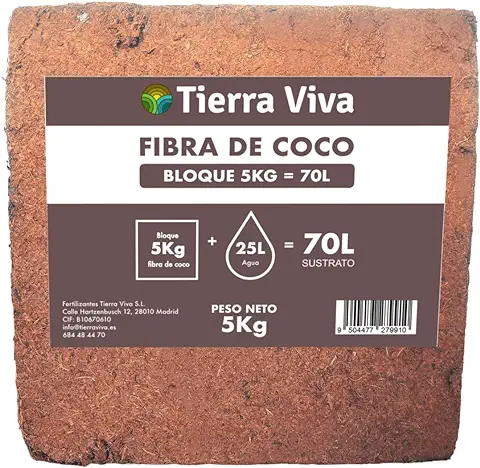 Fibra de Coco Orgánica - Bloque de 5kg 70L - Sustrato Ecológico Huerto Urbano, Semilleros, Grow y Vermicomposteras  