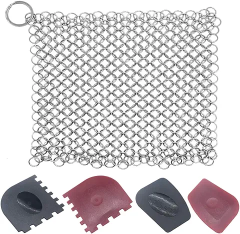 FineGood Limpiador de Hierro Fundido con Raspadores de Cacerola, Limpiador de Sartén de Hierro Fundido de Acero Inoxidable 316L Scrubber Kit L  