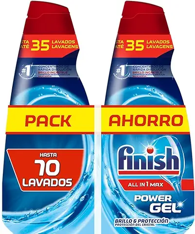 Finish All in 1 Max Power Gel Brillo&Protección, Detergente Gel para el Lavavajilla, 2 Unidades - Total 70 Lavados  
